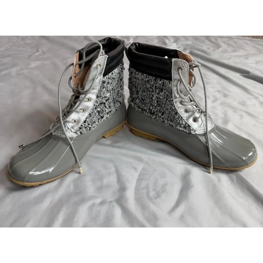 Sam Edelman Rain Boots Women's 8 Gray Silver Duck Boots Lace Up Tweed Waterproof